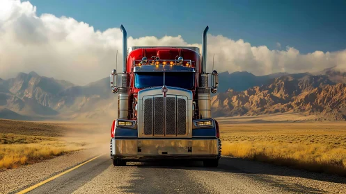 Red blue semi truck powers through desert highway mountains