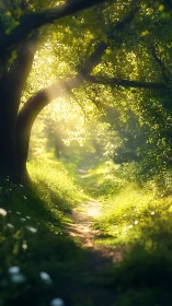 Golden sunlight filters through a verdant forest tunnel