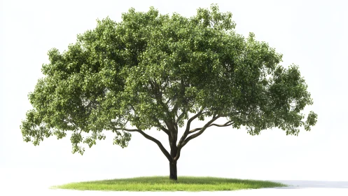 Lush Green Tree on Grass Patch in Minimalist Natural Style.