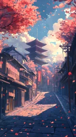 Pagoda above stepped street in quiet traditional district.