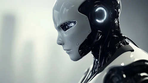 Humanoid robot profile shows reflective shell and exposed circuits