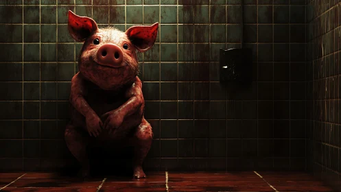 Cheerful little pig waits patiently in a moody tiled room.