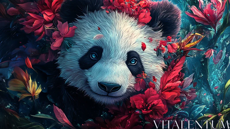 Digital painting portrait of panda amid crimson florals.
