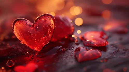 Luminous Red Hearts Against Warm Bokeh Backdrop.