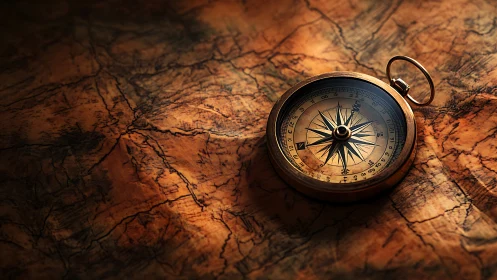Vintage brass compass on weathered exploration map.