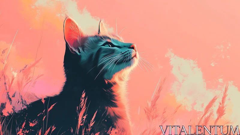 Feline Gazing Skyward Against Sunset Gradient.