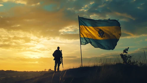 Sunset sky cradles a lone soldier beside a proud flag