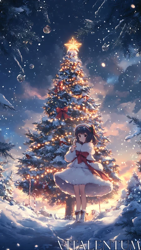 Snowy Christmas tree with girl in glowing winter twilight.