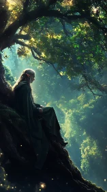Quiet elven guardian rests beneath a glowing forest canopy