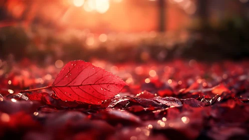 Solitary crimson leaf drinks sunrise in a bokeh sea