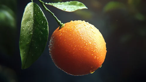 Sunlit orange hangs gently with fresh dew-kissed leaves