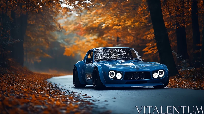Blue sports car sits on forest road surrounded by autumn leaves