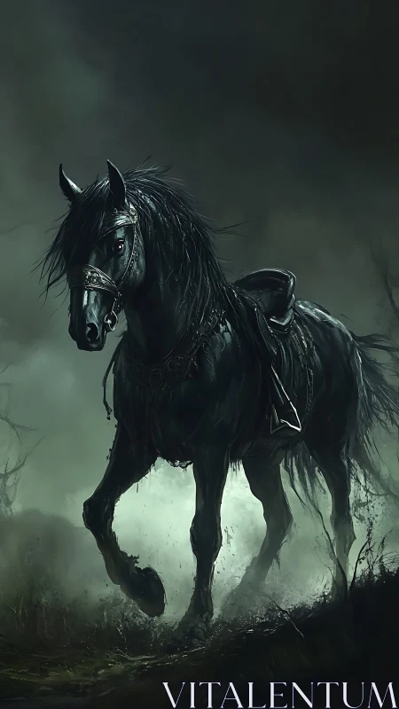 Black armored horse in misty, dimly lit wetland landscape.