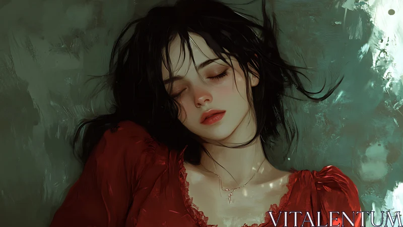 Sleeping woman in red dress under diffuse teal light.