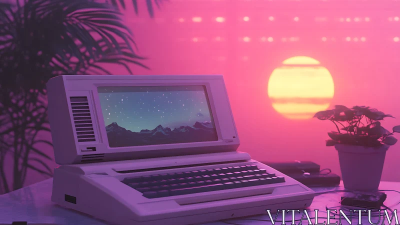 Retro computer on desk against neon sunset backdrop.
