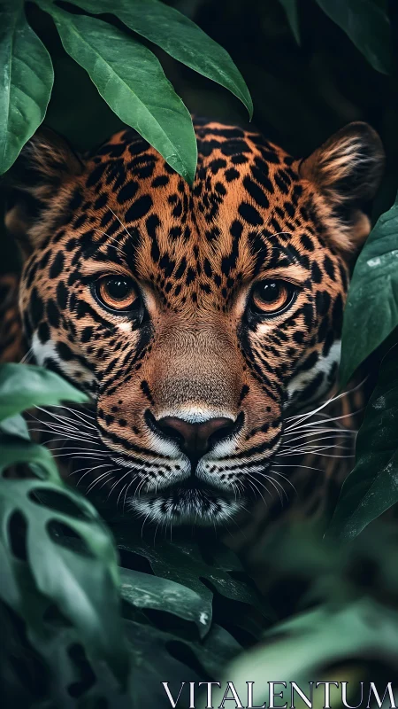 Jaguar head framed by dense green foliage in close view.
