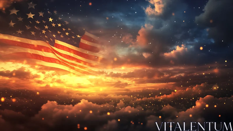 American flag glowing over dramatic sunset clouds sky.