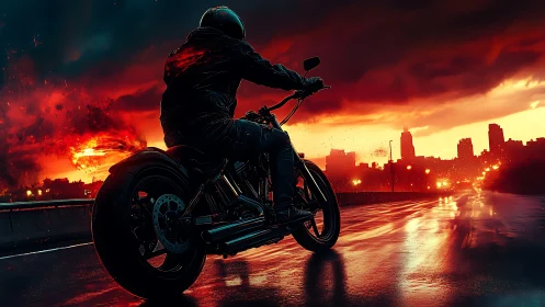 Motorcycle rider on wet city road at red storm sunset.