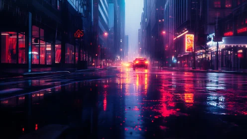 Neon drenched city street reflects car lights in rain