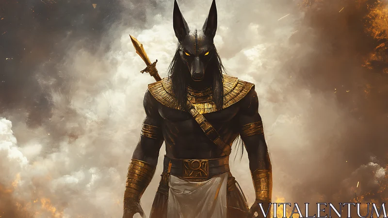 Regal jackal-headed warrior strides through swirling fire and smoke