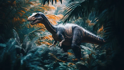 Predatory dinosaur moves through dense neon jungle foliage