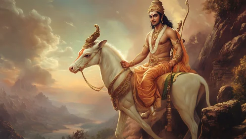 Divine warrior on white horse in mythic mountain landscape.