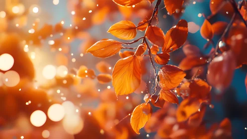 Golden autumn leaves glowing in gentle evening light.