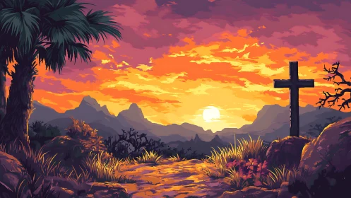 Sunset cross overlooks tranquil mountains in glowing silence