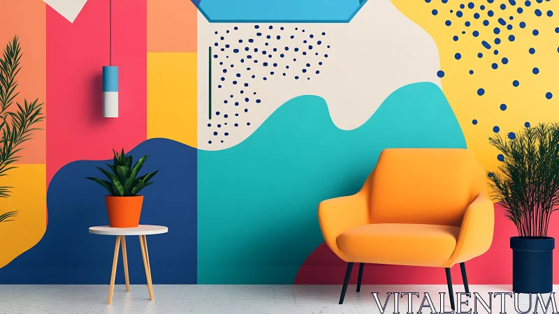 Colorstorms swirl while a lone orange chair calmly holds court