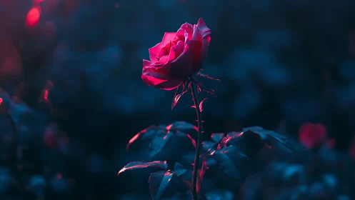 Neon rose glowing under cyberpunk lighting.