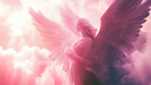 Volumetric backlit angel statue rendered in pink atmospheric haze