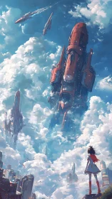 Skyborne megaships tower over futuristic cloud city.