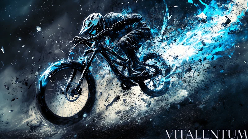 Mountain cyclist rendered in dynamic blue particle field.