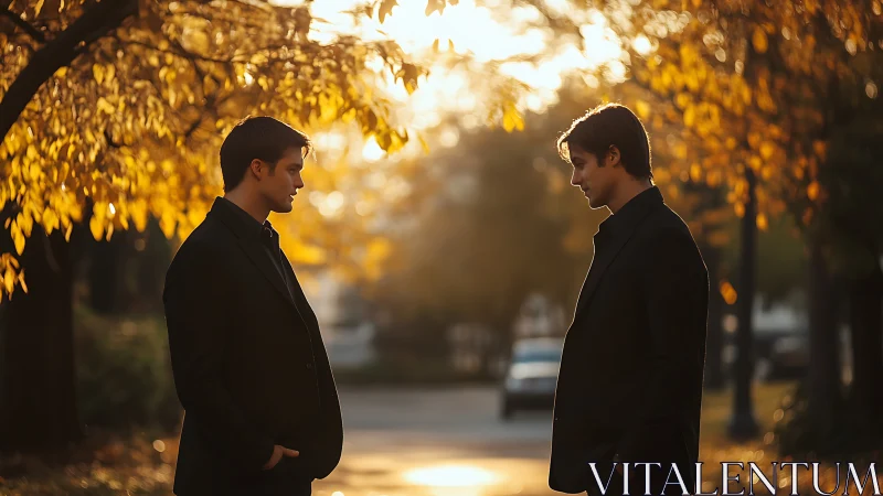 Two similar men facing each other under autumn foliage.
