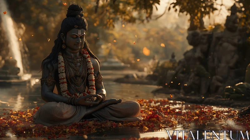 Serene river meditation of garlanded deity in ember dusk.