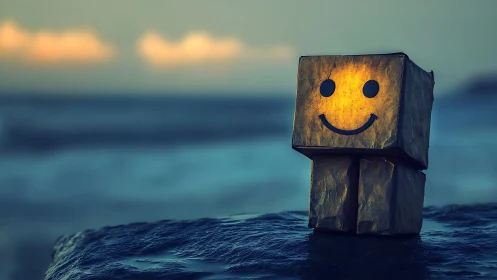 Illuminated box figure on wet shoreline at dusk.