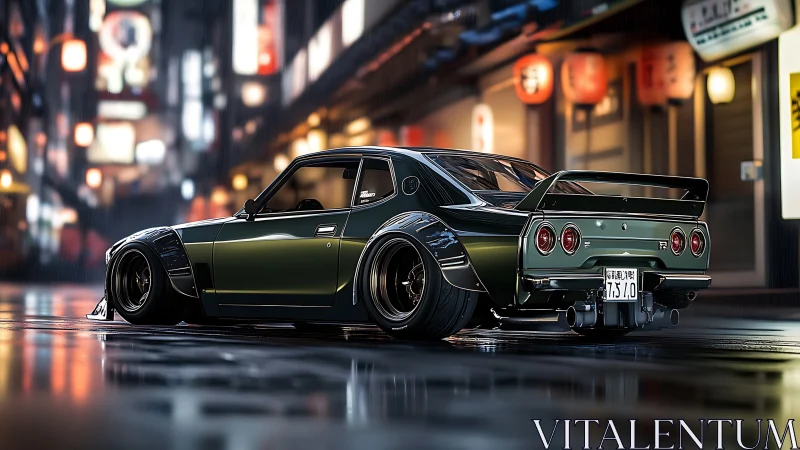 Sleek retro street racer glowing under cozy city lights.
