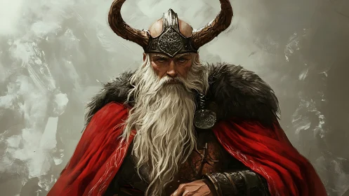 Elderly horned warrior in fur cloak and red mantle.