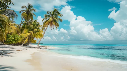 Tropical beach paradise with palm trees and turquoise waters.