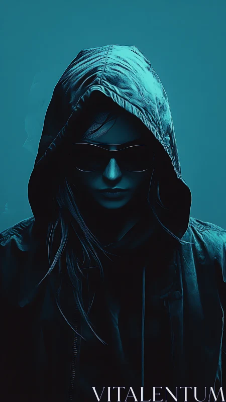 Hooded cyber figure in teal monochrome low key lighting.