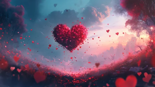 Large heart shape suspended in sky with dispersing particles.