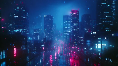 Moody neon city street glowing softly in the rainy night.