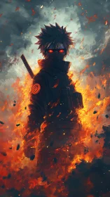 Fiery masked warrior walking calmly through swirling embers.
