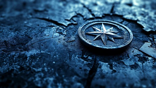 Metallic compass emblem on fractured blue textured ground.