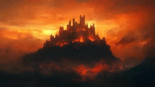 Fortress Engulfed in Dramatic Fiery Atmospheric Combustion
