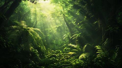 Luminous Tropical Canopy: Sunlit Forest Interior with Verdant Understory.