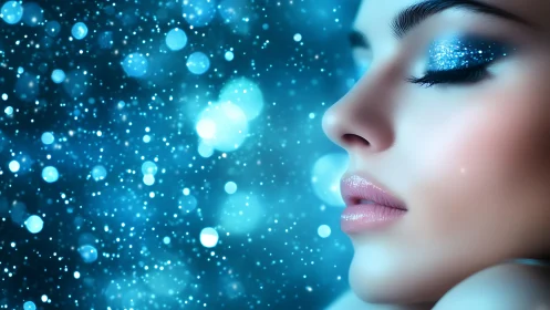 Blue bokeh portrait highlights shimmering cosmic makeup.