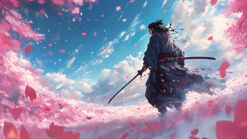 Samurai strides through storming cherry blossoms and skyfire.