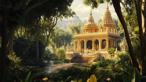 Sunlit golden temple pavilion in lush jungle sanctuary.