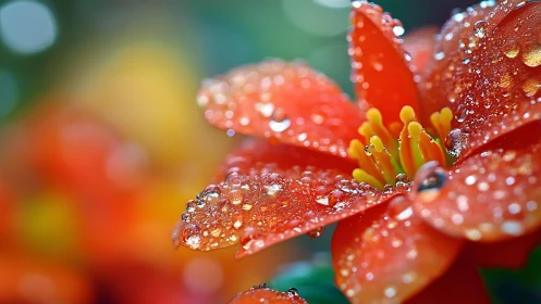 Crimson Petals Jeweled in Rain: Nature's Glistening Treasure.